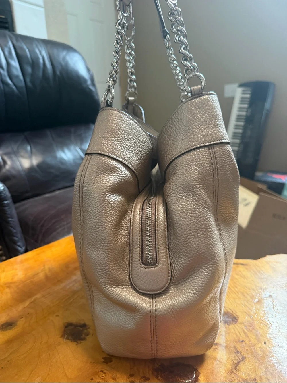 Coach F32150 Lexy Triple Compartment Shoulder Bag Metallic Platinum Pebbled Lthr